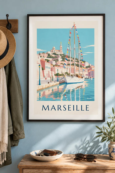 Affiche con grande veliero nel porto di Marsiglia : incorniciato alla parete