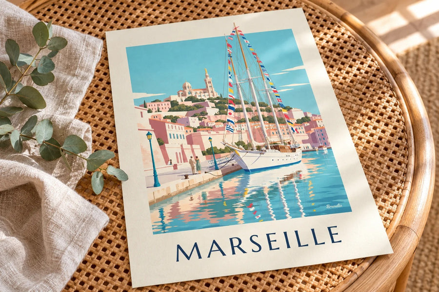 Affiche grand voilier au port de Marseille : posée sur une table