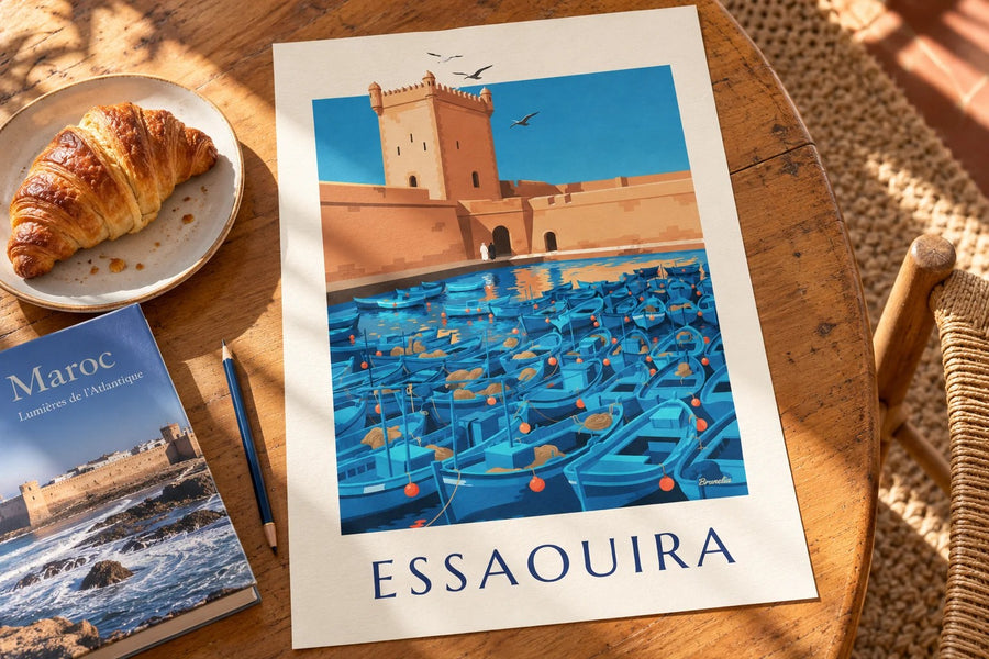Stampa del porto di Essaouira, torre della Skala : appoggiato su un tavolo