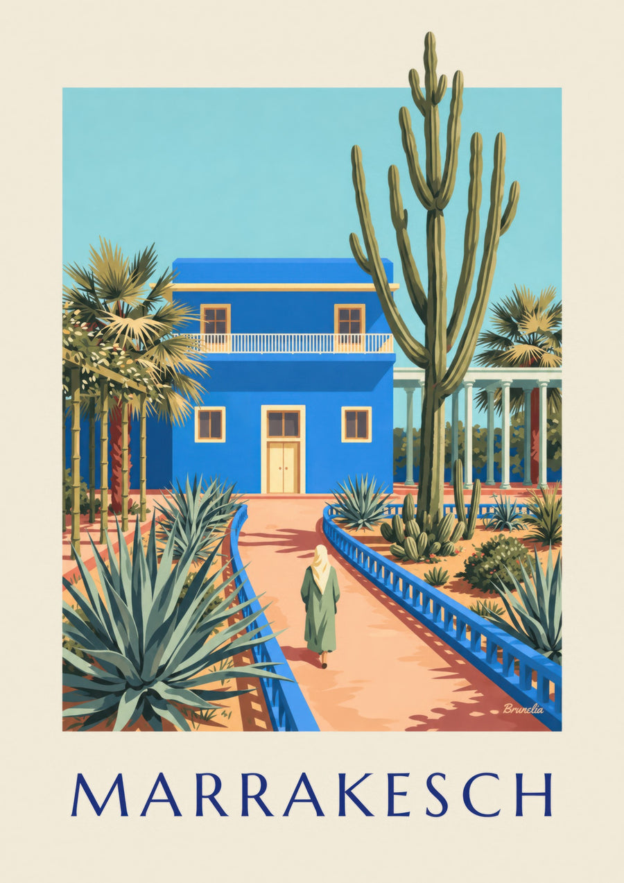 Stampa della villa blu e dei cactus di Marrakech (titolo MARRAKESCH)