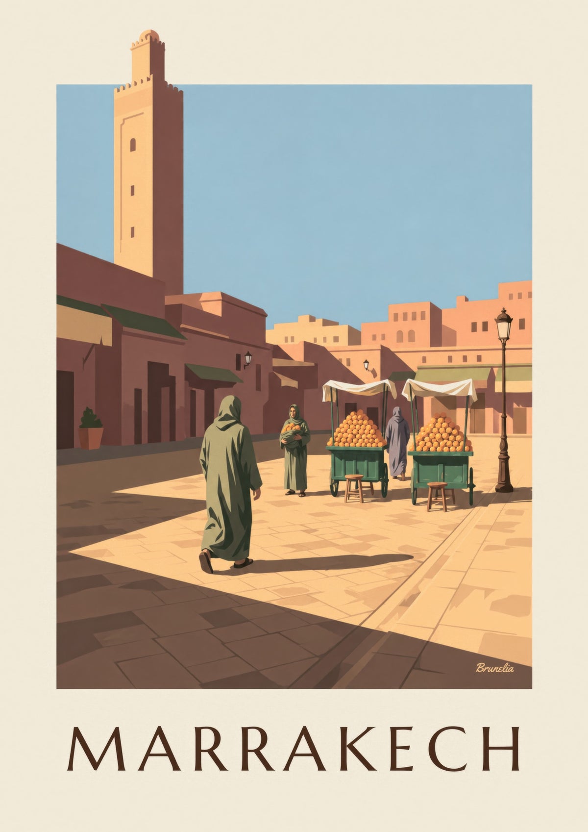 Stampa di Jemaa el-Fna a Marrakech, bancarelle di arance