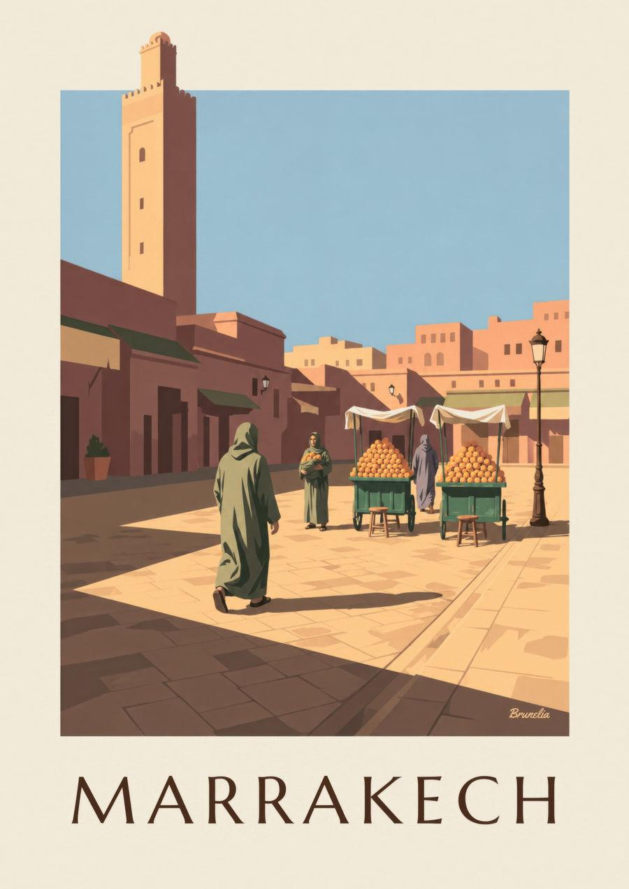 Stampa di Jemaa el-Fna a Marrakech, bancarelle di arance