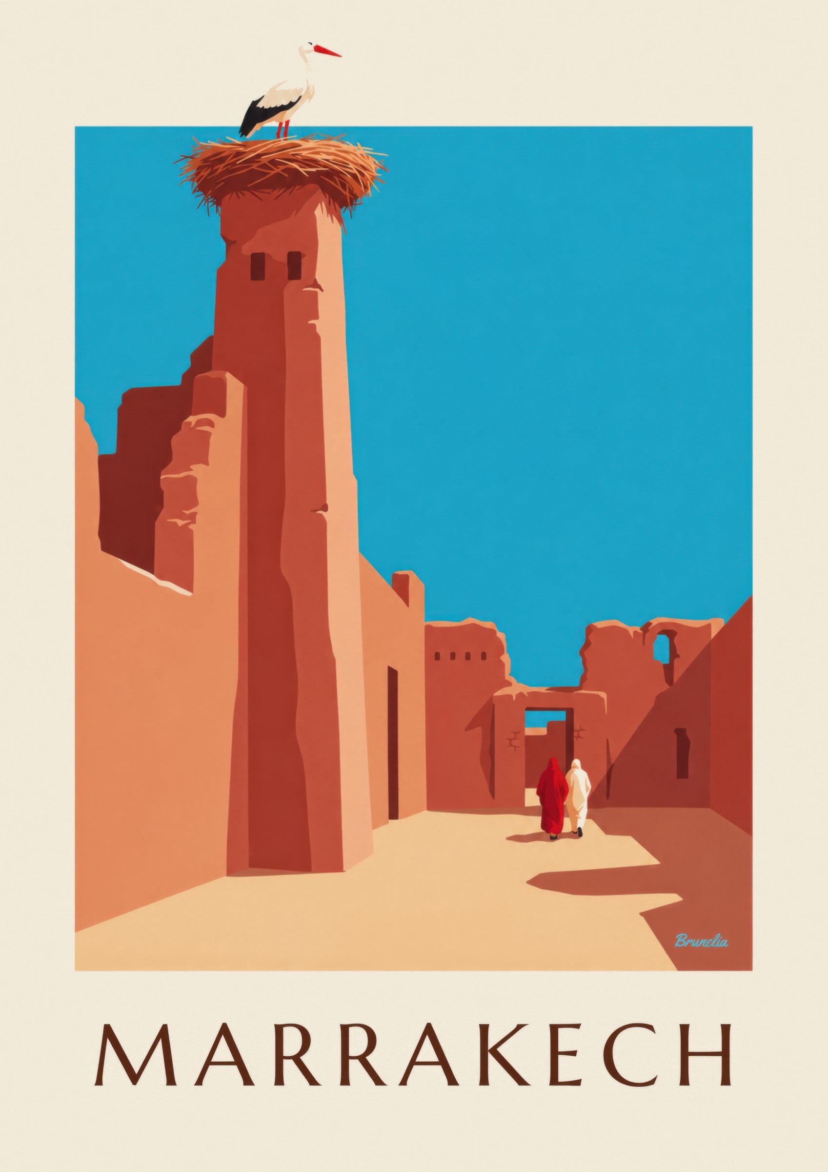 Affiche cigogne sur les remparts d’El Badi à Marrakech: dettaglio in primo piano