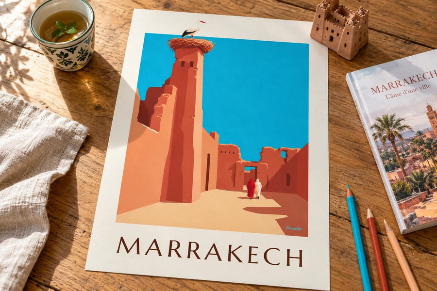 Affiche cigogne sur les remparts d’El Badi à Marrakech : posée sur une table