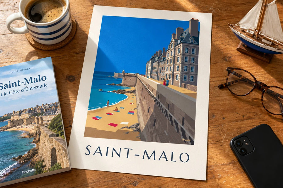 Poster delle mura di Saint-Malo e della spiaggia : appoggiato su un tavolo