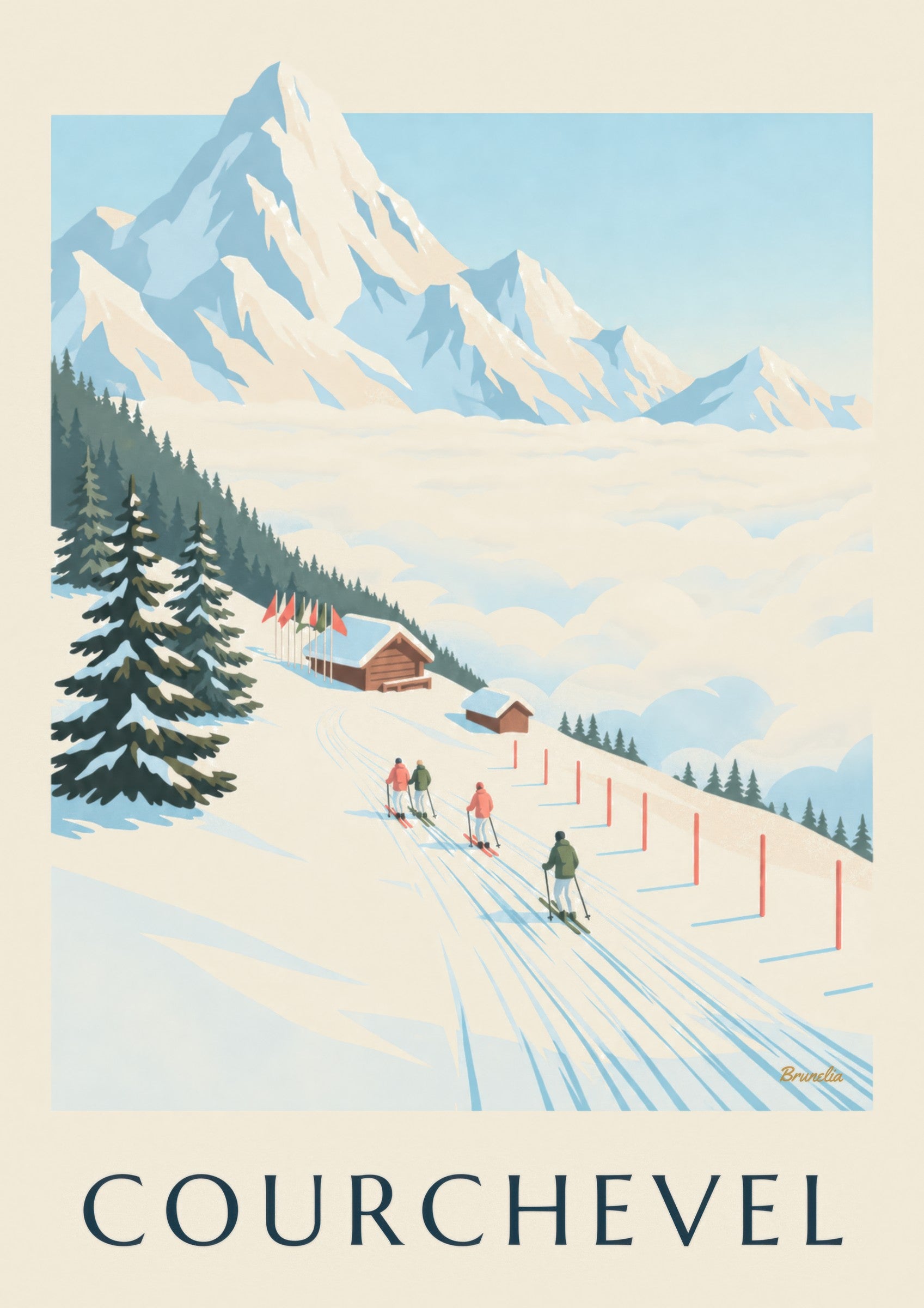 Poster delle piste di Courchevel di fronte al Monte Bianco: dettaglio in primo piano