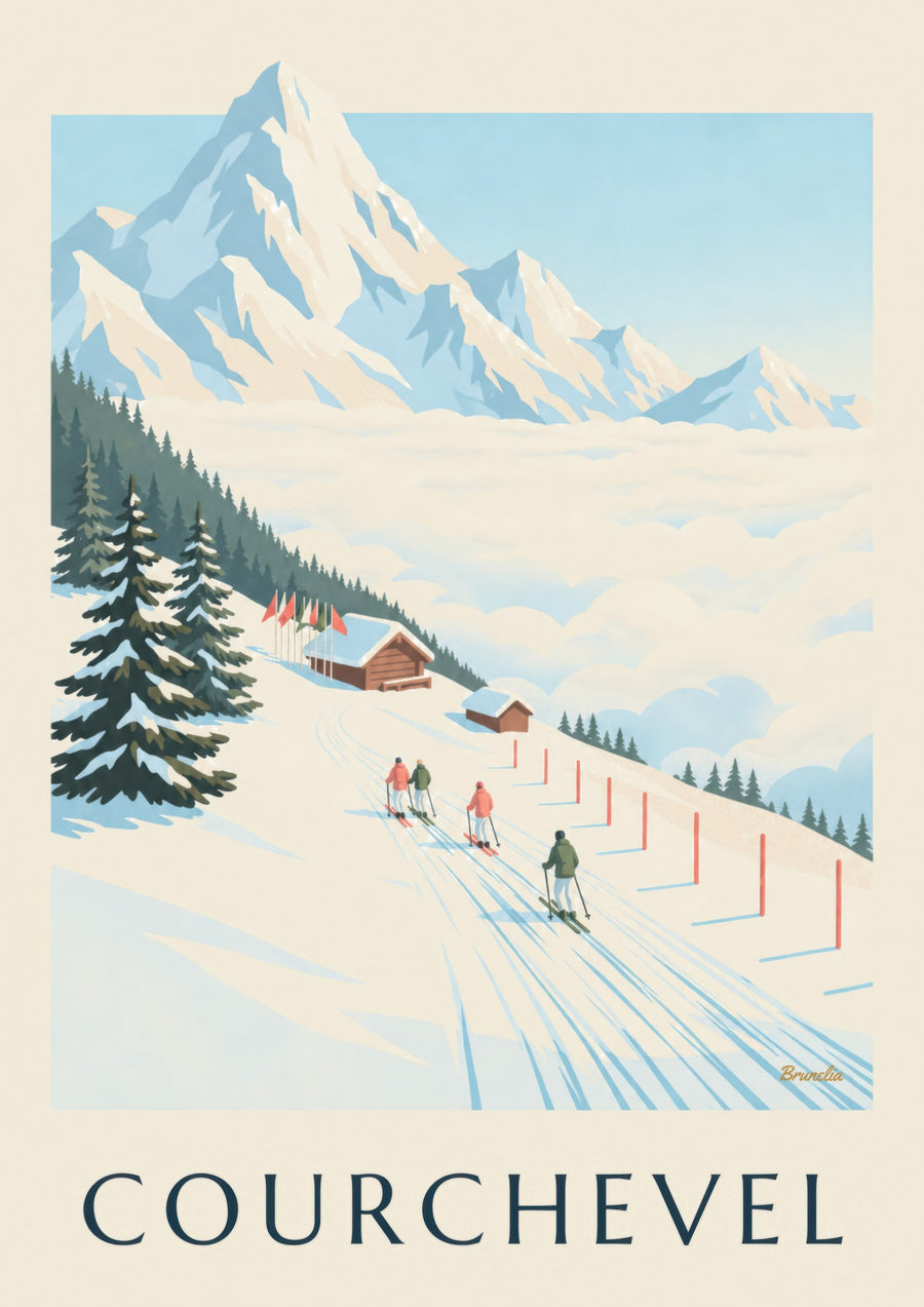 Poster delle piste di Courchevel di fronte al Monte Bianco