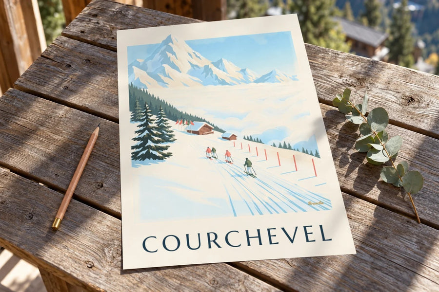 Poster delle piste di Courchevel di fronte al Monte Bianco : appoggiato su un tavolo
