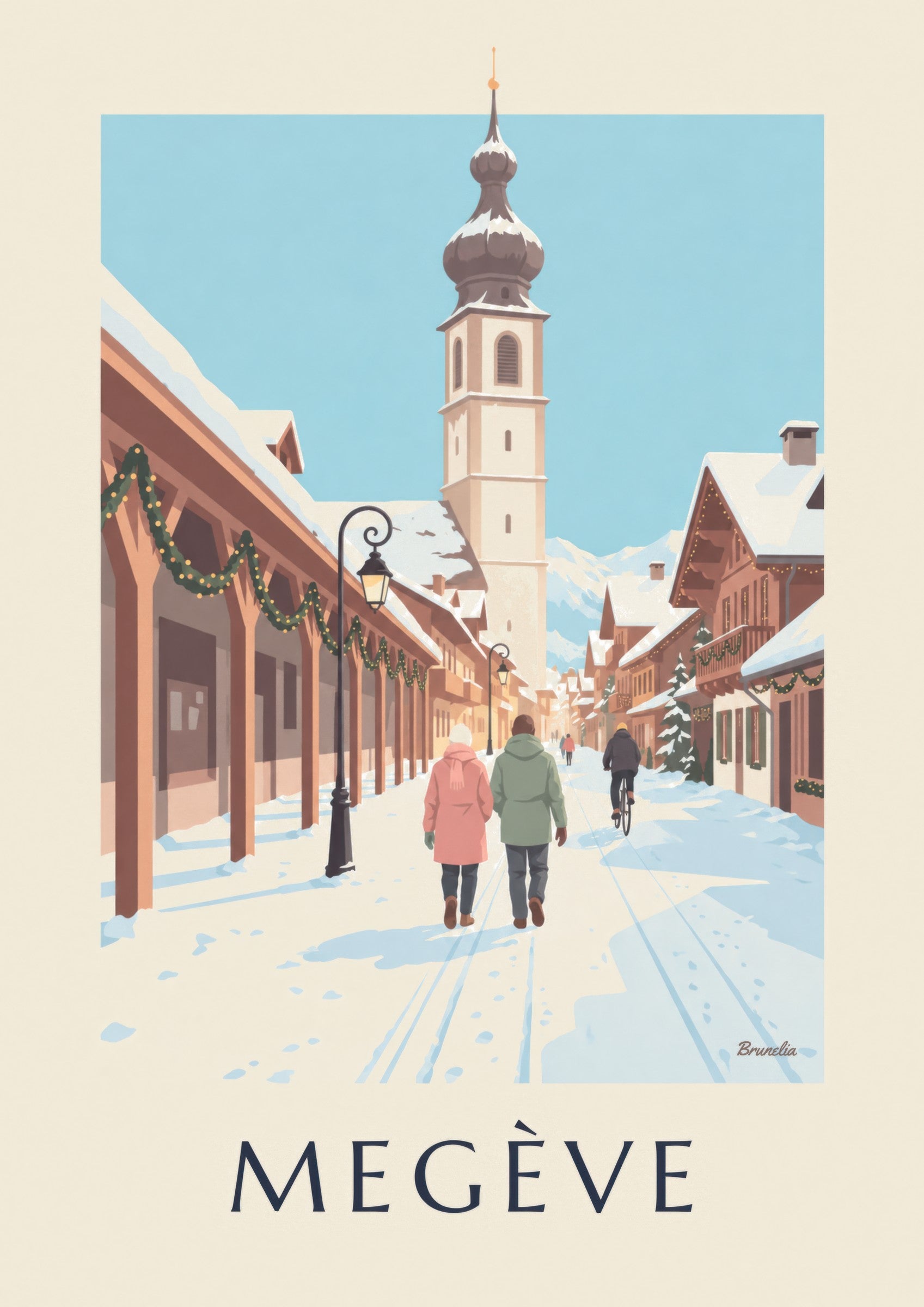 Affiche Megève, rue piétonne et clocher: dettaglio in primo piano