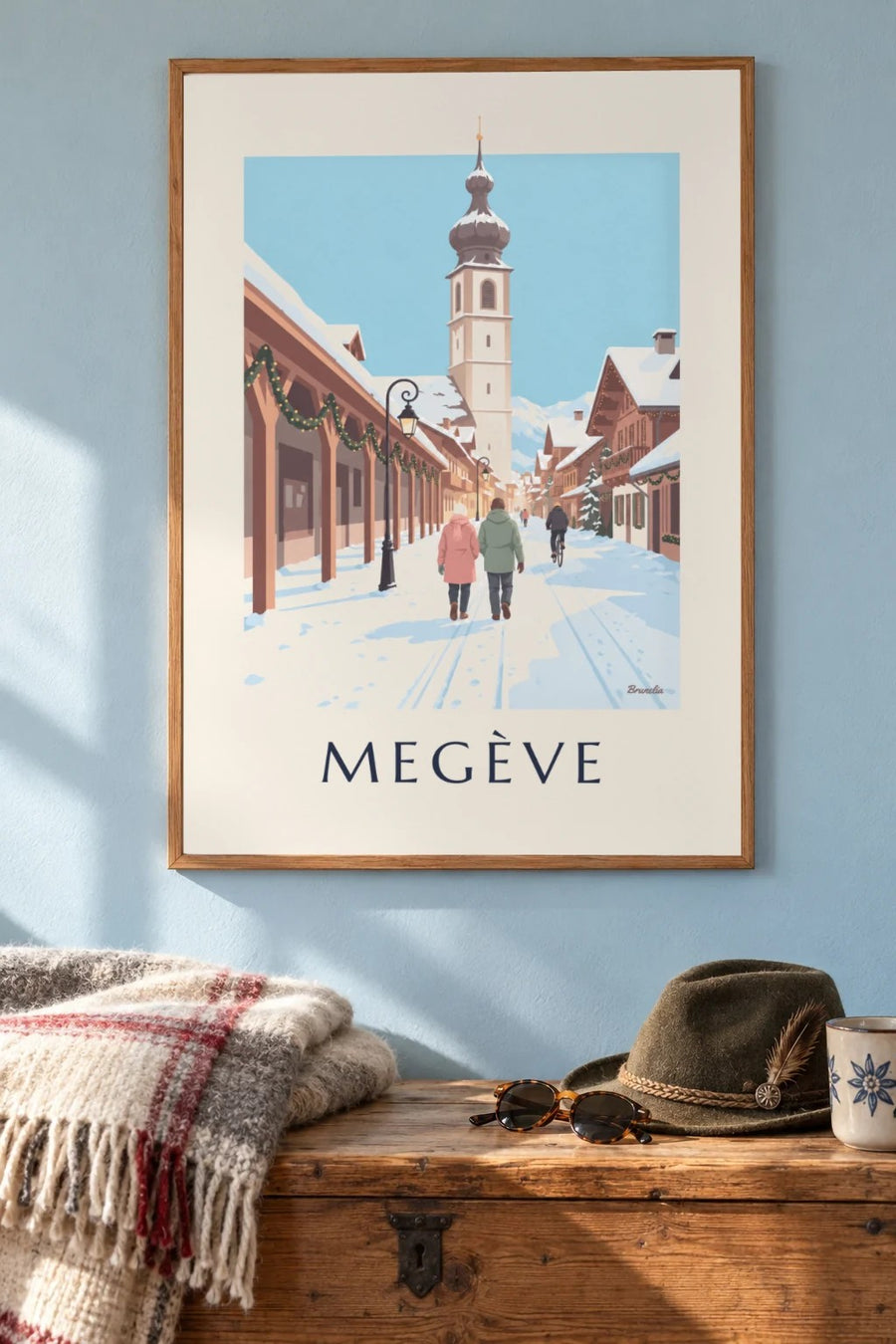 Affiche Megève, rue piétonne et clocher : encadrée au mur
