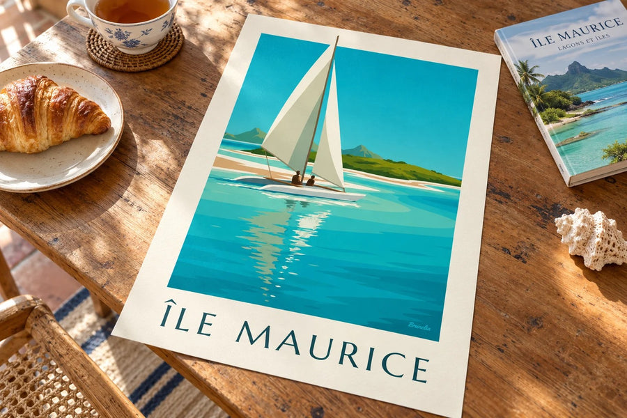 Poster dell’Isola dei Cervi e della laguna turchese (titolo ISOLA MAURITIUS) : appoggiato su un tavolo