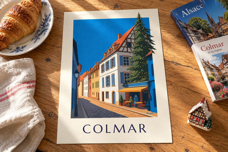 Poster di Colmar illuminata a Natale, nel quartiere della Poissonnerie : appoggiato su un tavolo