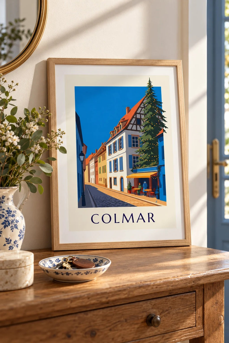 Poster di Colmar illuminata a Natale, nel quartiere della Poissonnerie : piccolo formato A4 con cornice
