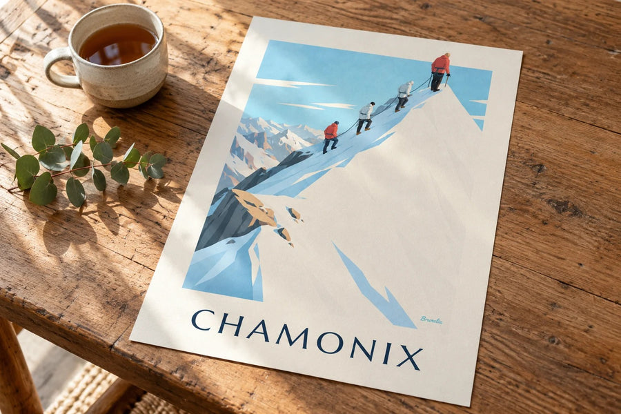 Poster di alpinisti sulla cresta dell’Aiguille du Midi : appoggiato su un tavolo