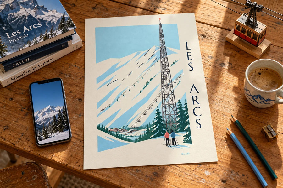 Poster di Les Arcs, Arc 1600 e le sue piste : appoggiato su un tavolo