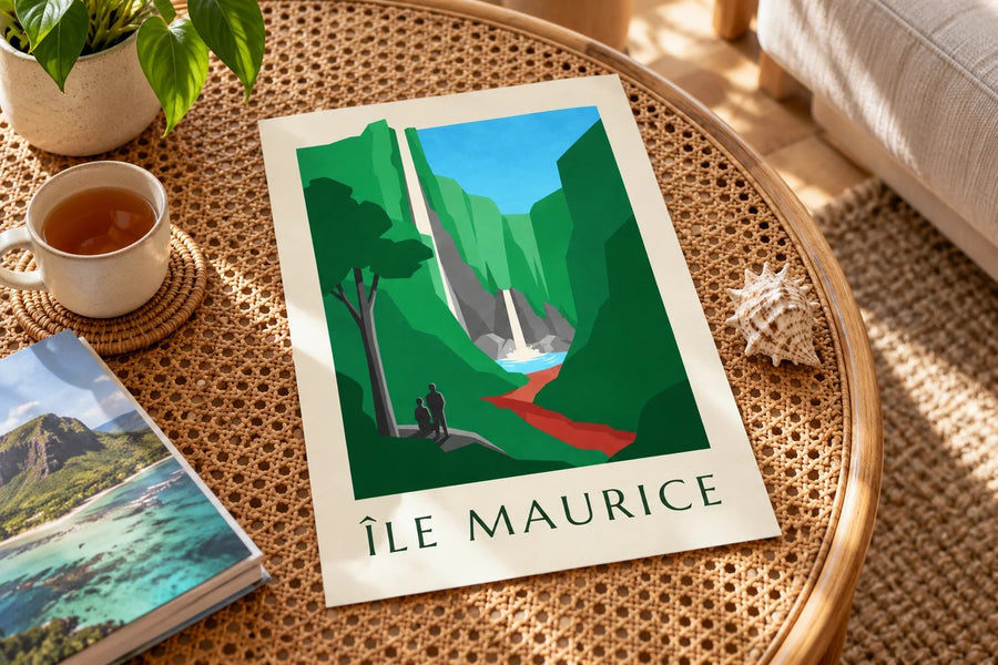 Poster dell’isola Mauritius, cascata di Chamarel (titolo ISOLA MAURITIUS) : appoggiato su un tavolo