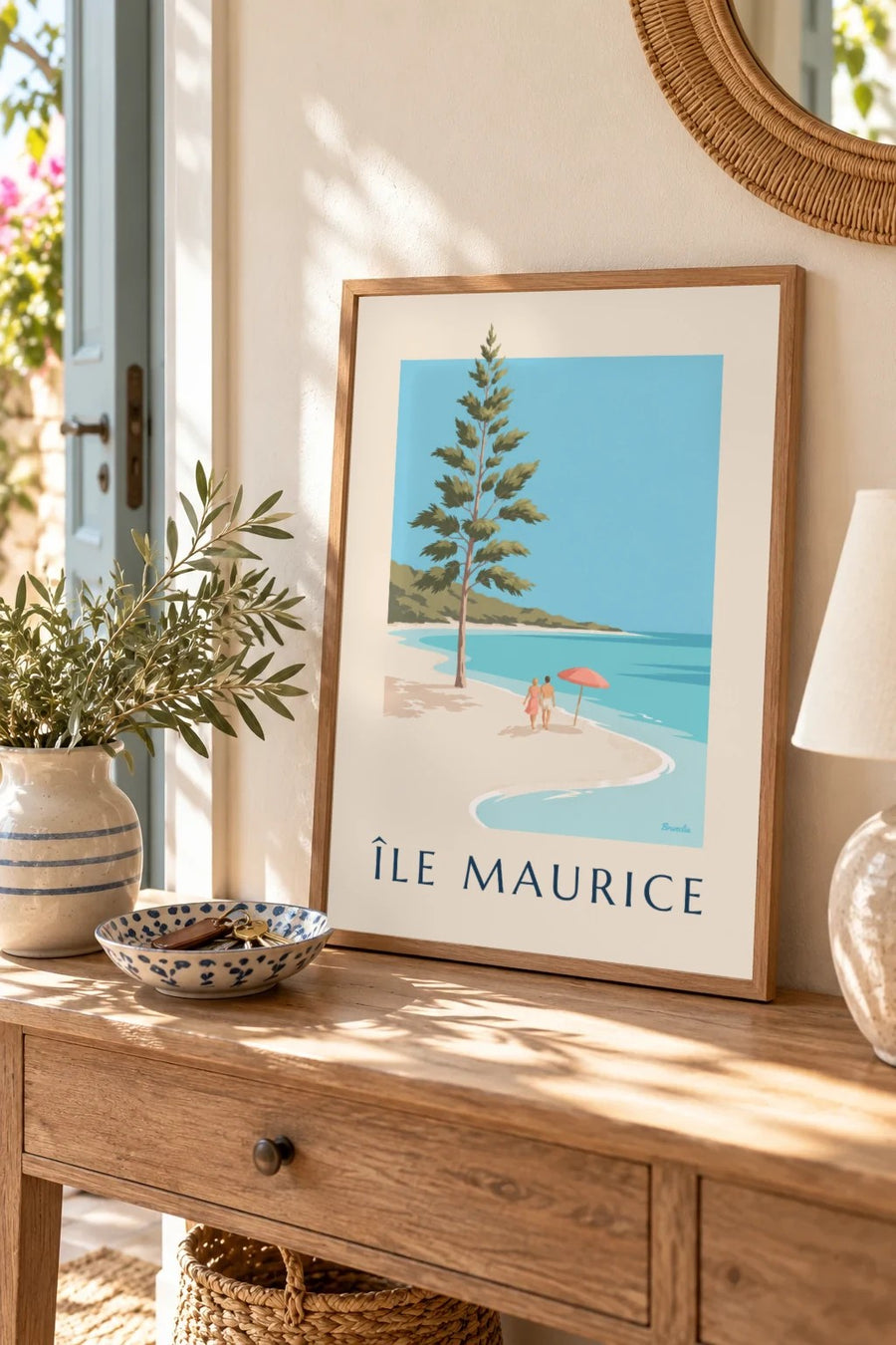 Poster Mauritius, spiaggia di Blue Bay (titolo ÎLE MAURICE) : piccolo formato A4 con cornice
