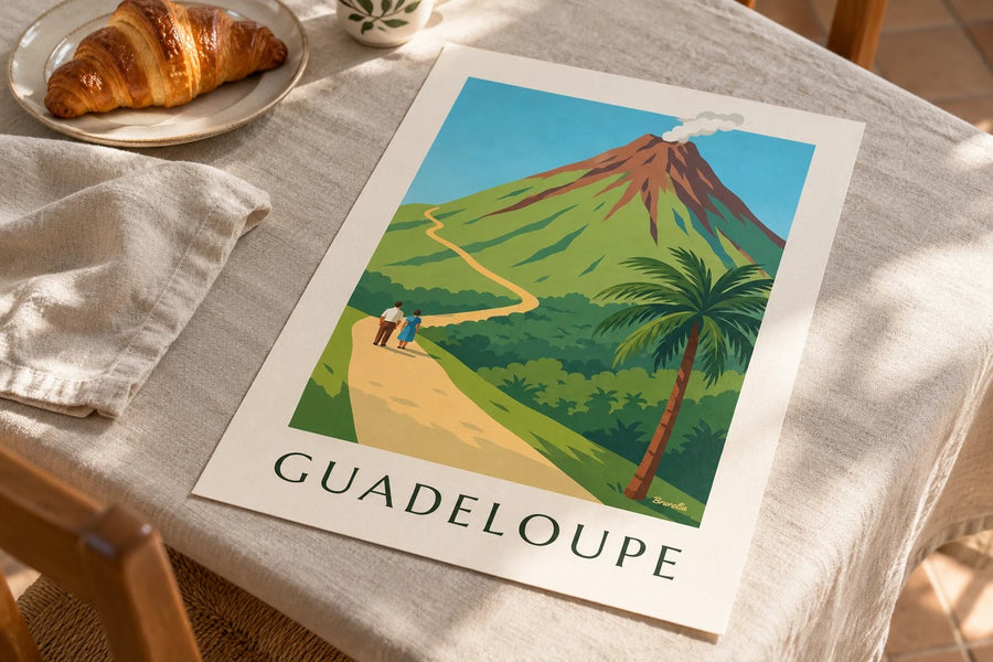 Poster Guadalupa, vulcano della Soufrière : appoggiato su un tavolo