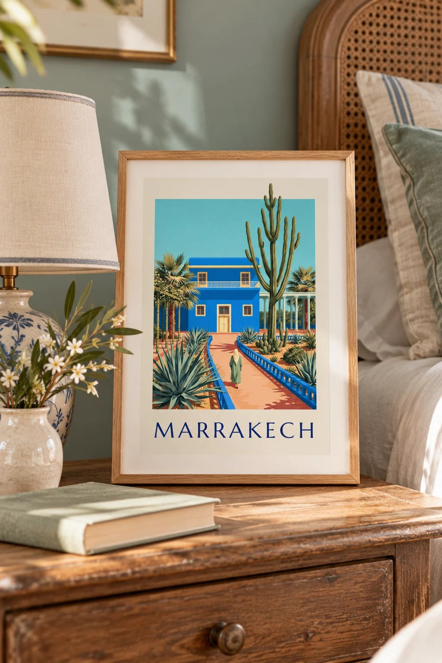 Affiche villa bleue et cactus de Marrakech : petit format A4 encadré