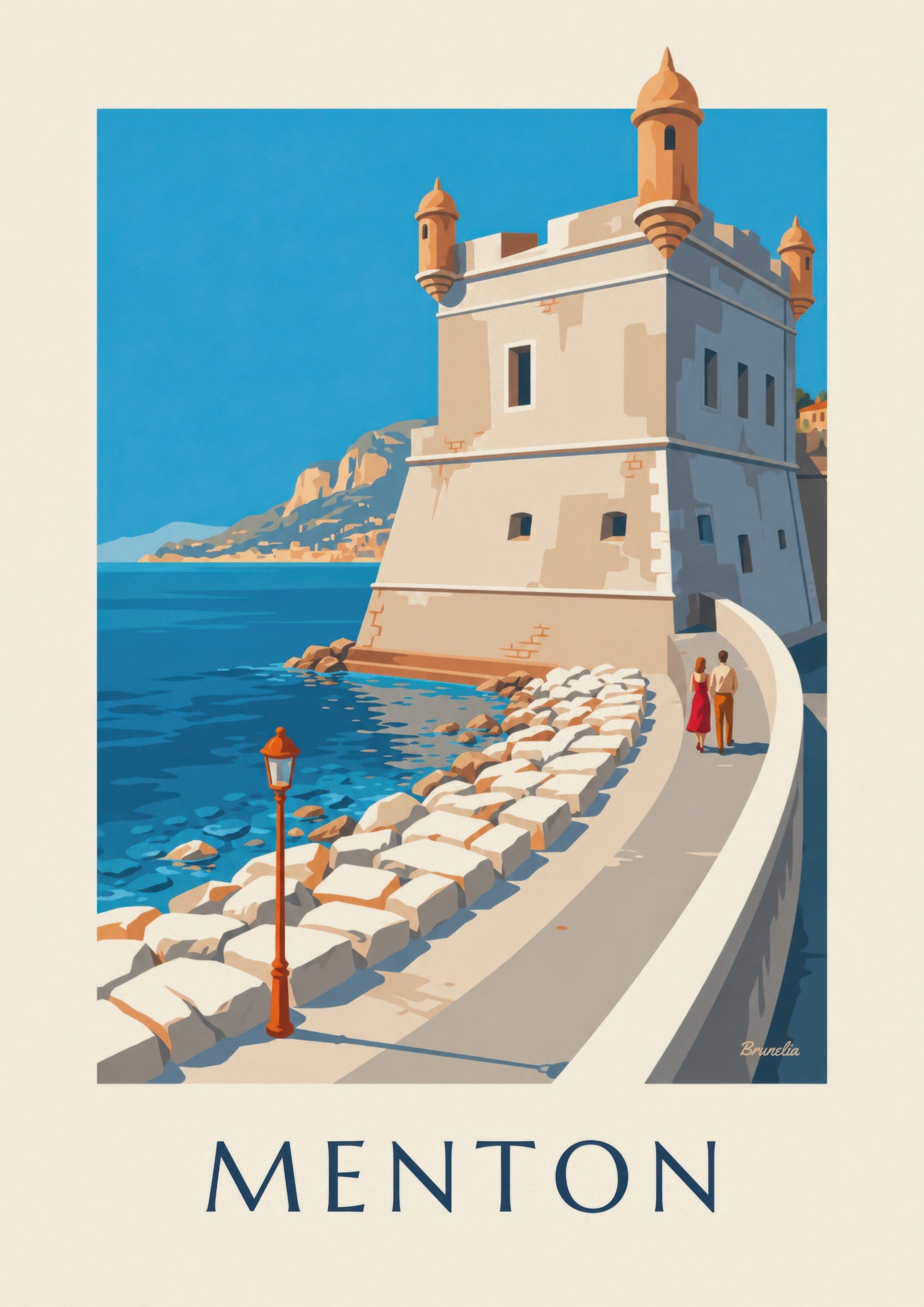 Affiche del Bastione del vecchio porto di Mentone sul mare: dettaglio in primo piano