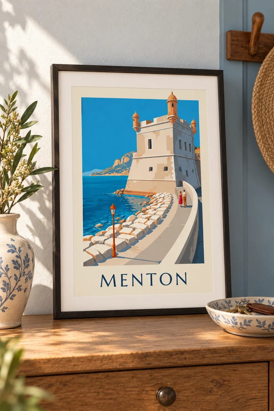 Affiche del Bastione del vecchio porto di Mentone sul mare : piccolo formato A4 con cornice