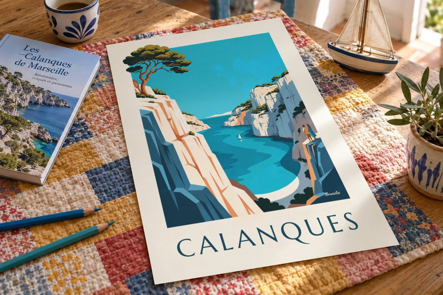 Affiche calanque d'En-Vau à Marseille : posée sur une table