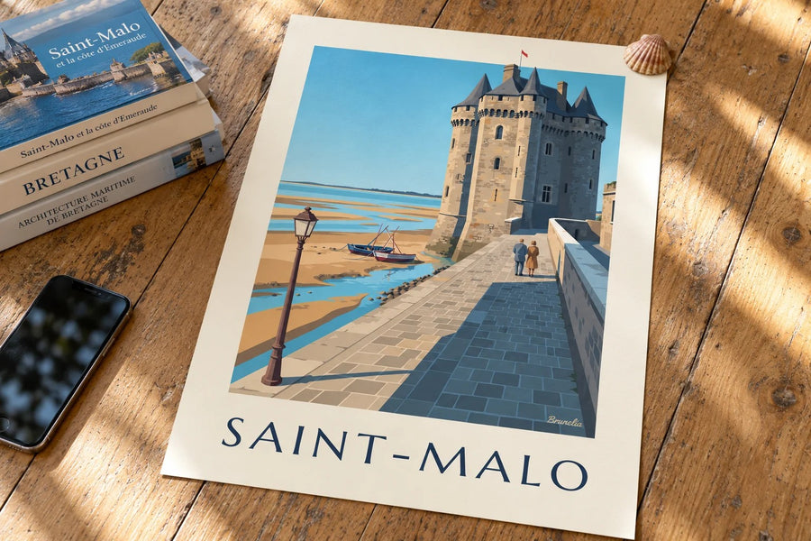 Affiche Tour Solidor à Saint-Servan, Saint-Malo : posée sur une table