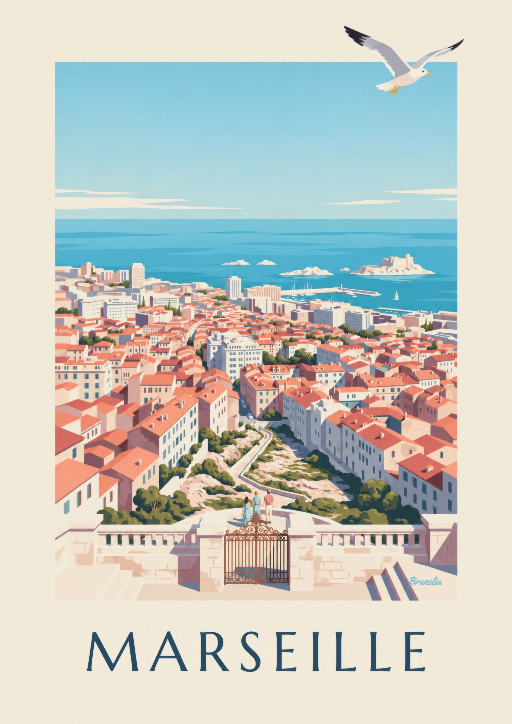 Poster con vista su Marsiglia da Notre-Dame-de-la-Garde: dettaglio in primo piano