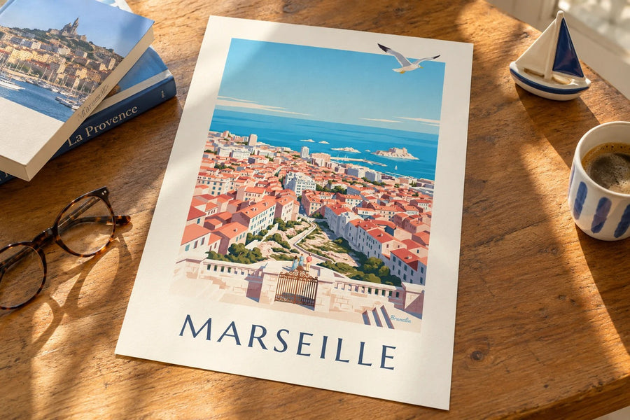 Poster con vista su Marsiglia da Notre-Dame-de-la-Garde : appoggiato su un tavolo