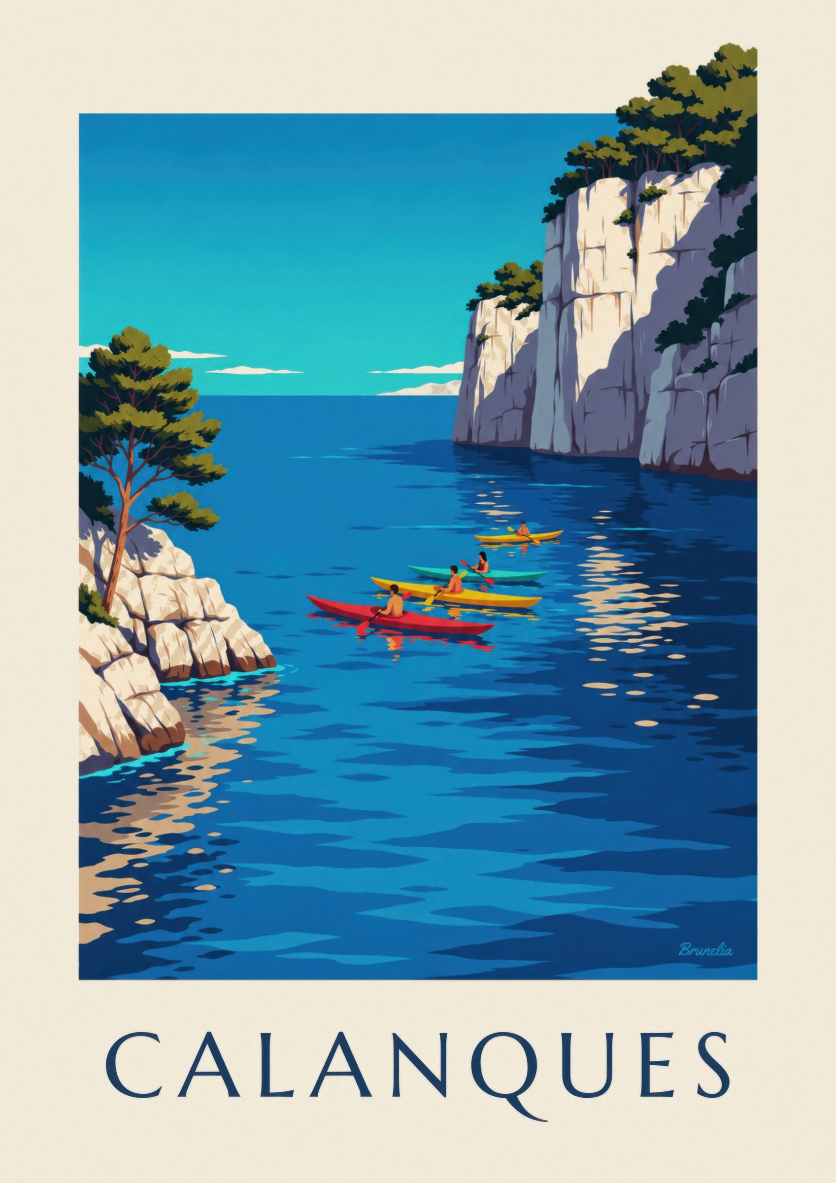 Affiche kayaks de mer dans les calanques: dettaglio in primo piano