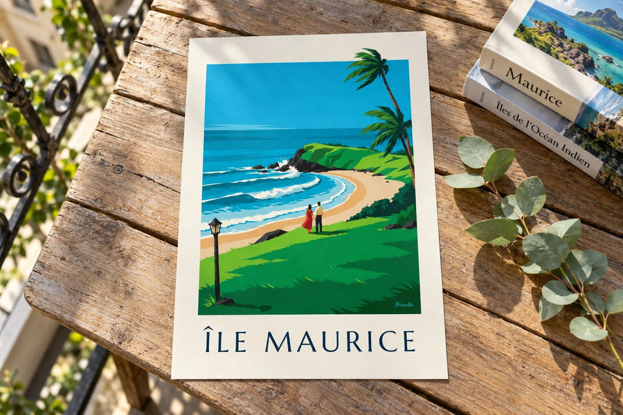Poster Isola di Mauritius, costa selvaggia di Gris-Gris (titolo ÎLE MAURICE) : appoggiato su un tavolo
