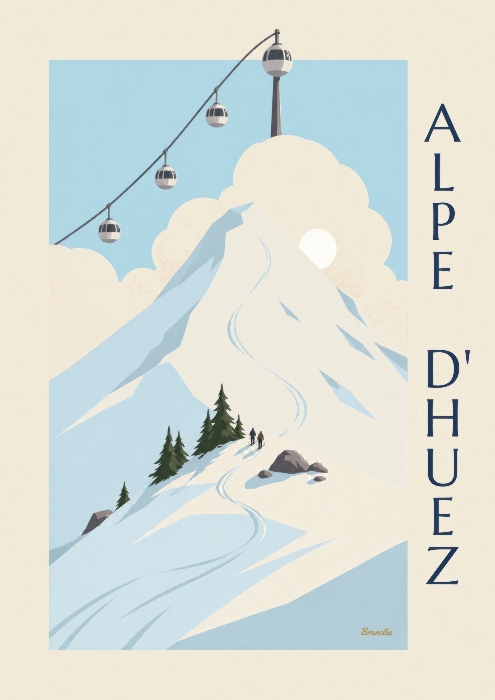 Affiche Alpe d'Huez, cabines œuf au-dessus des pistes: dettaglio in primo piano