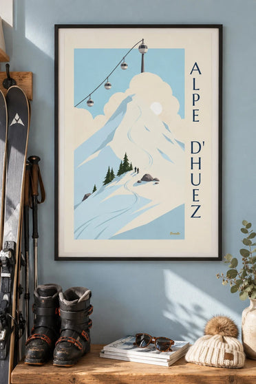 Poster Alpe d’Huez, cabine a uovo sopra le piste : incorniciato alla parete