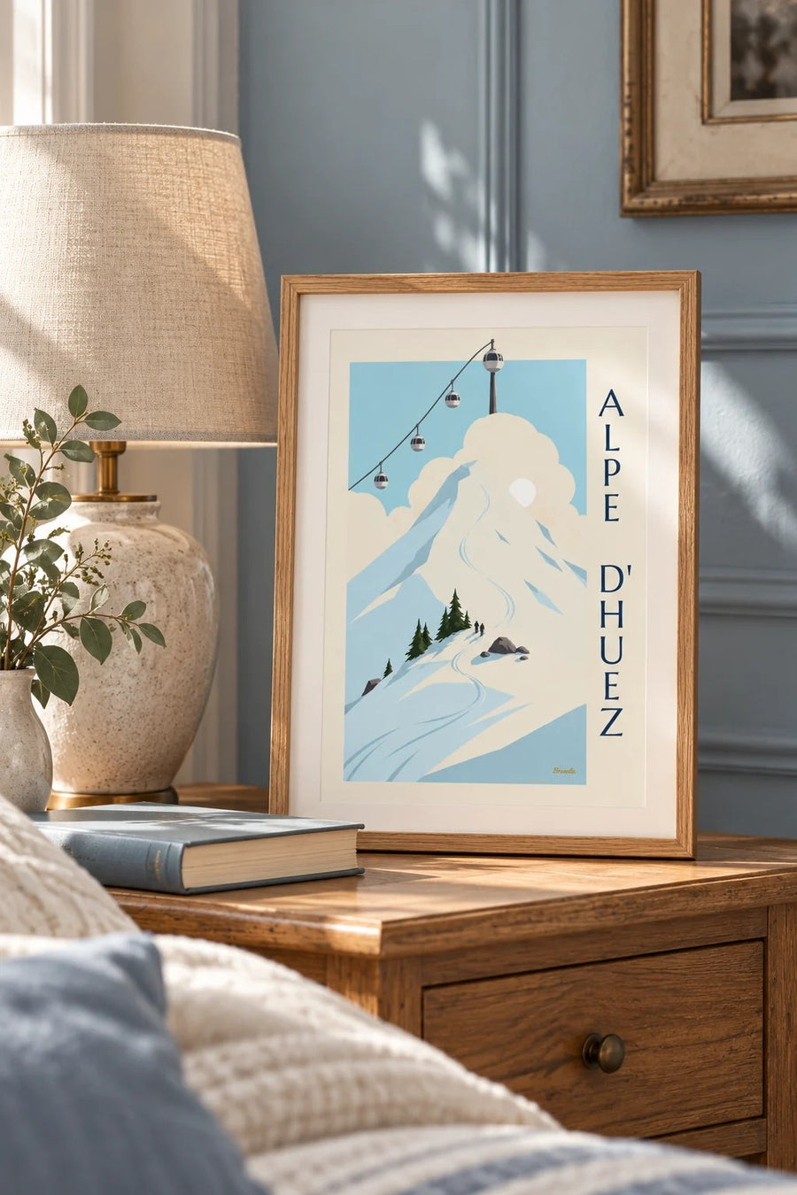 Affiche Alpe d'Huez, cabines œuf au-dessus des pistes : petit format A4 encadré