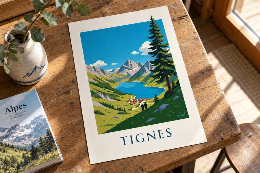 Affiche Tignes, lac du Chevril bleu profond : posée sur une table