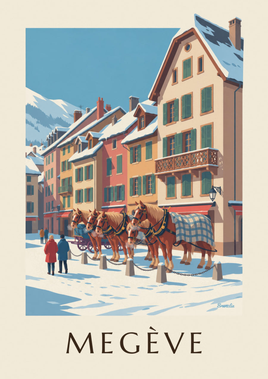 Affiche Megève, chevaux de calèche en hiver