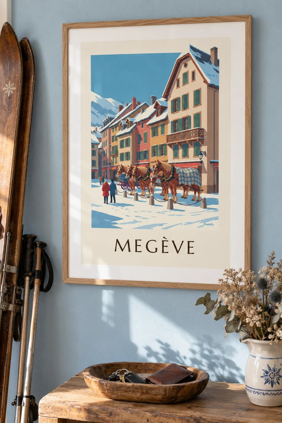 Affiche Megève, chevaux de calèche en hiver : encadrée au mur