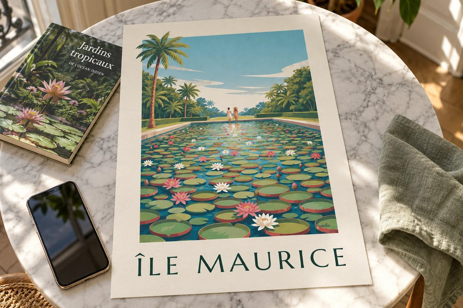 Poster Mauritius e ninfee giganti (titolo MAURITIUS) : appoggiato su un tavolo