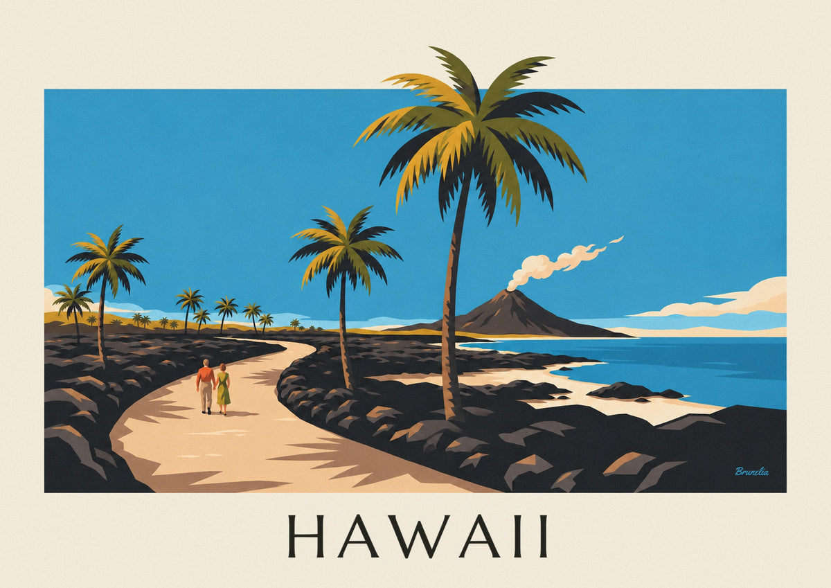 Poster strada delle Hawaii tra palme e vulcano