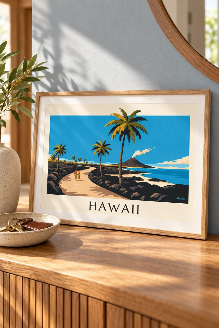 Poster strada delle Hawaii tra palme e vulcano: formato piccolo A4 con cornice