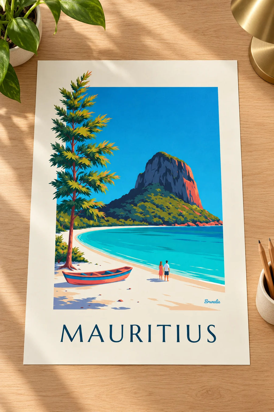 Affiche Morne Brabant et lagon de l'île Maurice : posée sur une table