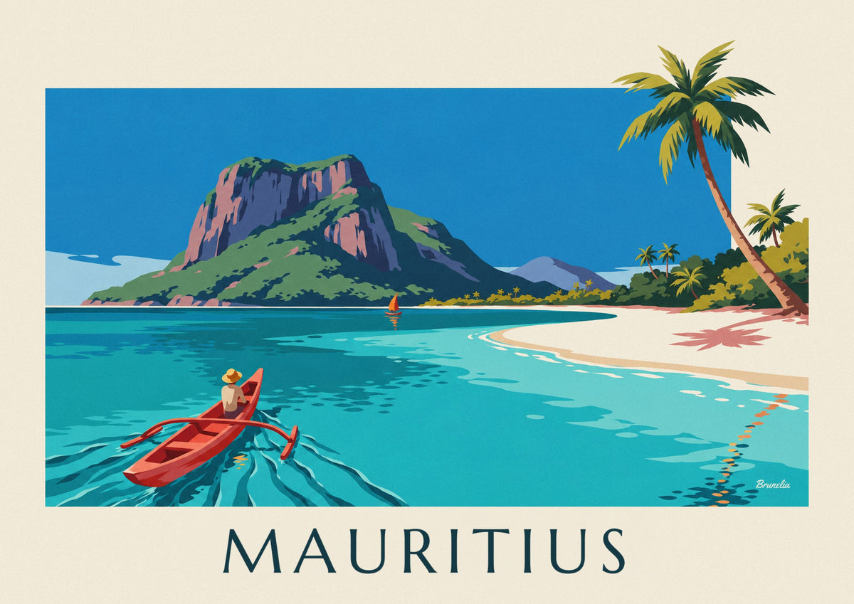 Poster laguna, palme da cocco e Morne Brabant a Mauritius