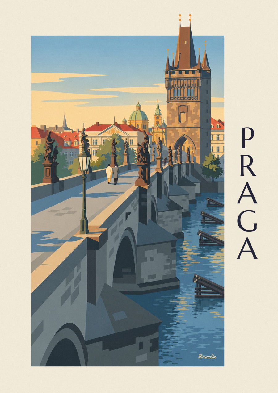 Poster Praga, ponte Carlo e torre gotica sulla Moldava