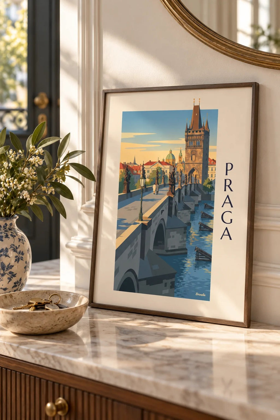 Poster Praga, ponte Carlo e torre gotica sulla Moldava: formato piccolo A4 incorniciato