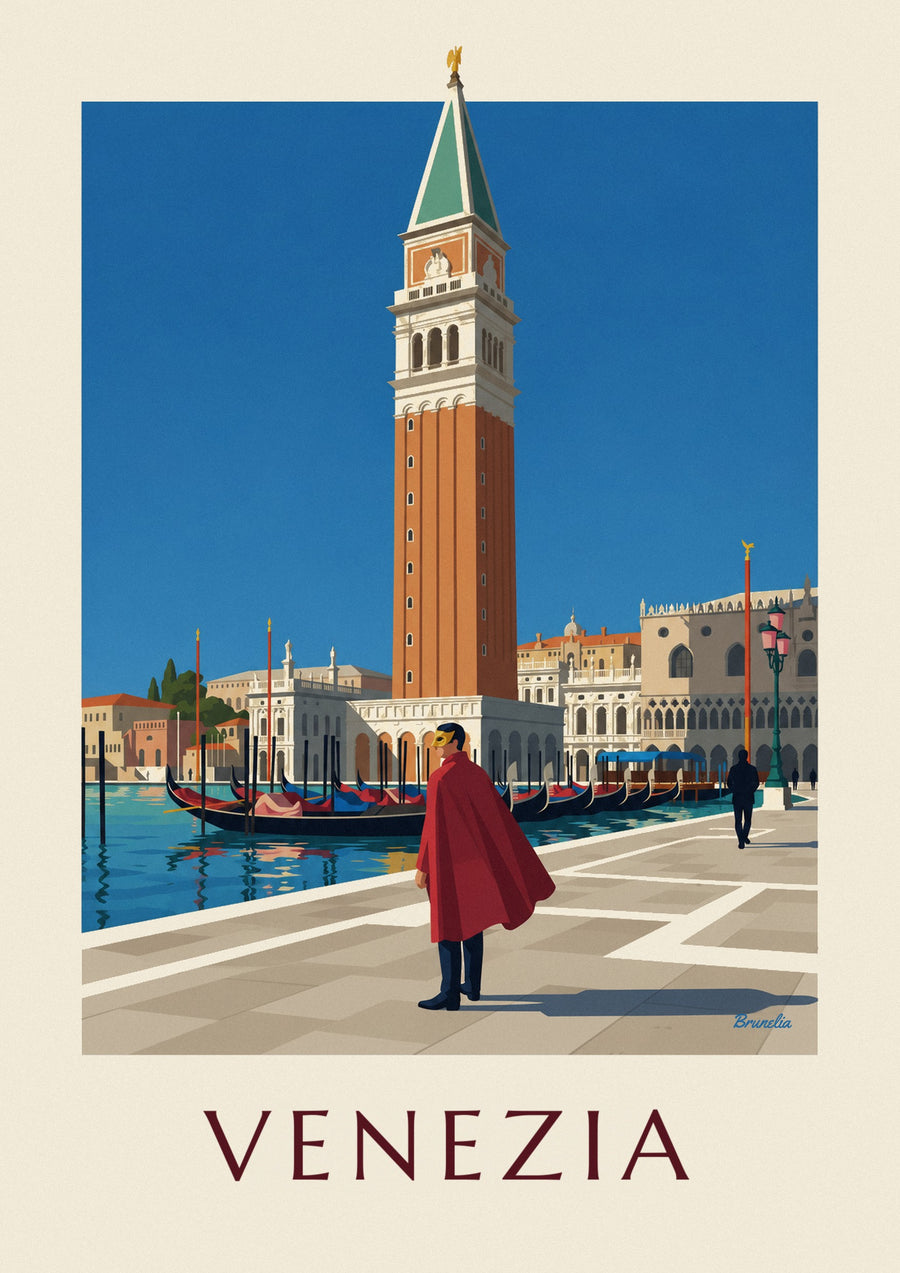 Poster uomo mascherato con mantello rosso davanti al campanile di San Marco