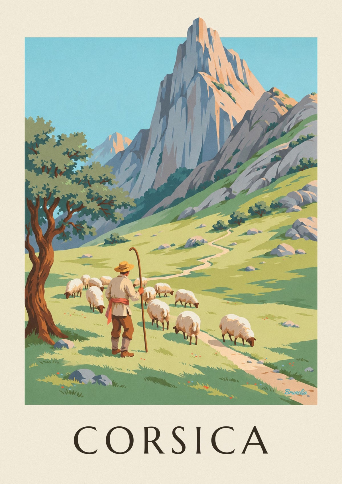Poster pastore con le sue pecore tra le montagne della Corsica