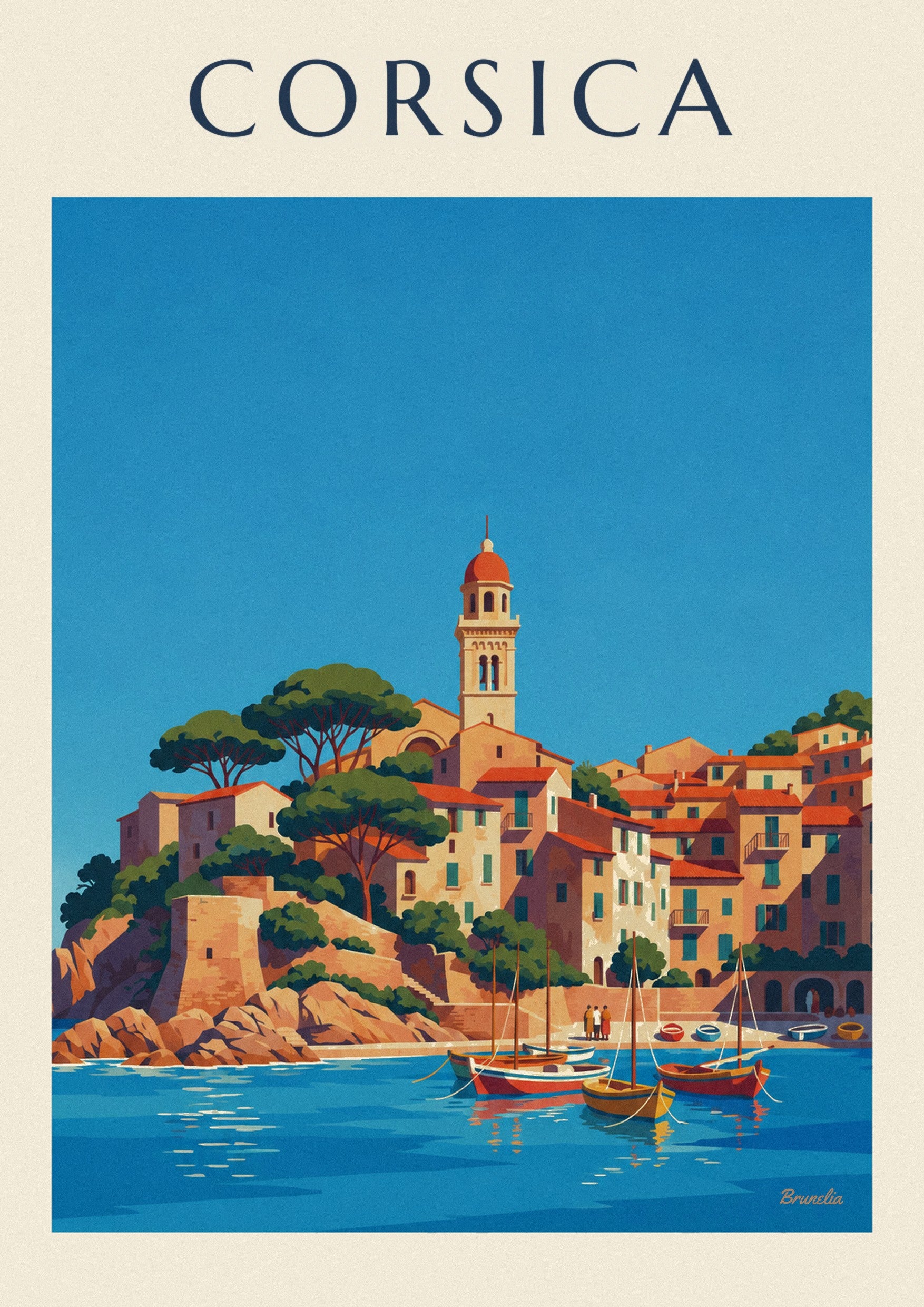 Poster villaggio costiero corso con il suo piccolo porto sul Mediterraneo: dettaglio in primo piano