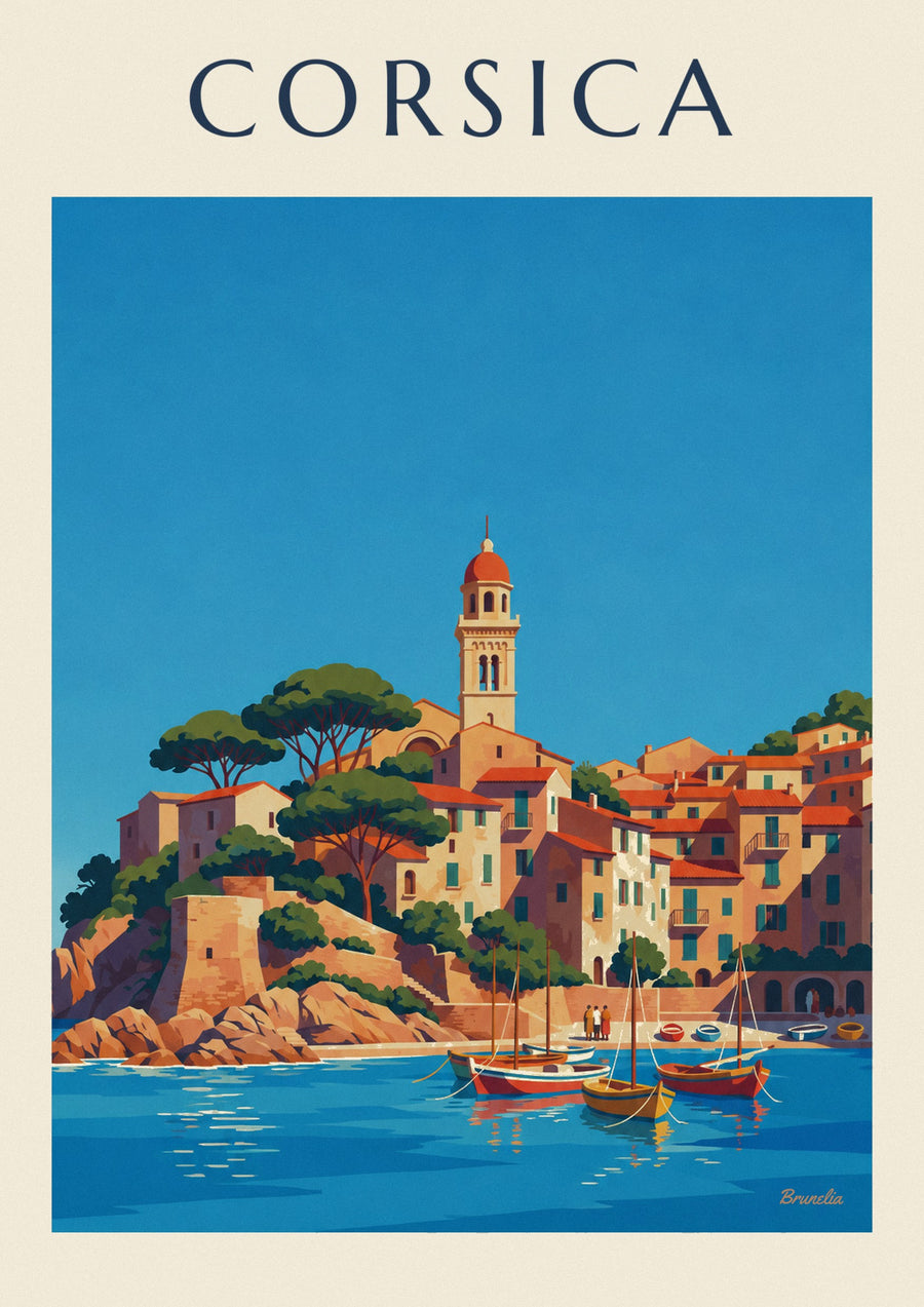 Poster villaggio costiero corso con il suo piccolo porto sul Mediterraneo