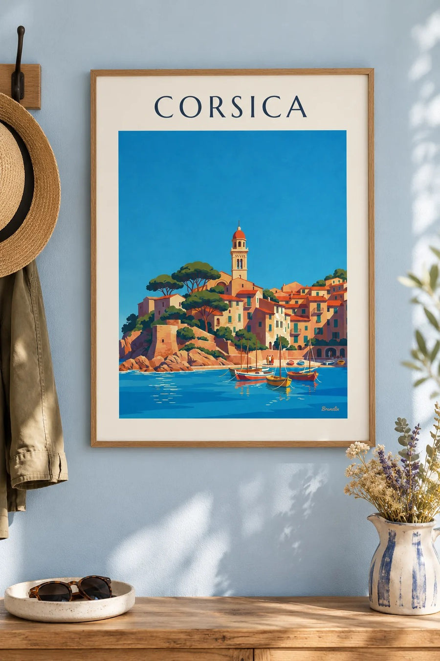 Poster villaggio costiero corso con il suo piccolo porto sul Mediterraneo: incorniciato alla parete