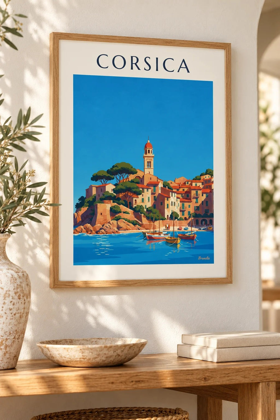 Poster villaggio costiero corso con il suo piccolo porto sul Mediterraneo: piccolo formato A4 incorniciato